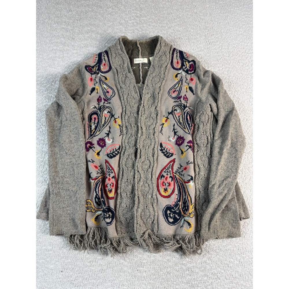 Sleeping On Snow‎ Cardigan Sweater Womens Medium Gray Paisley Fringe Open Front